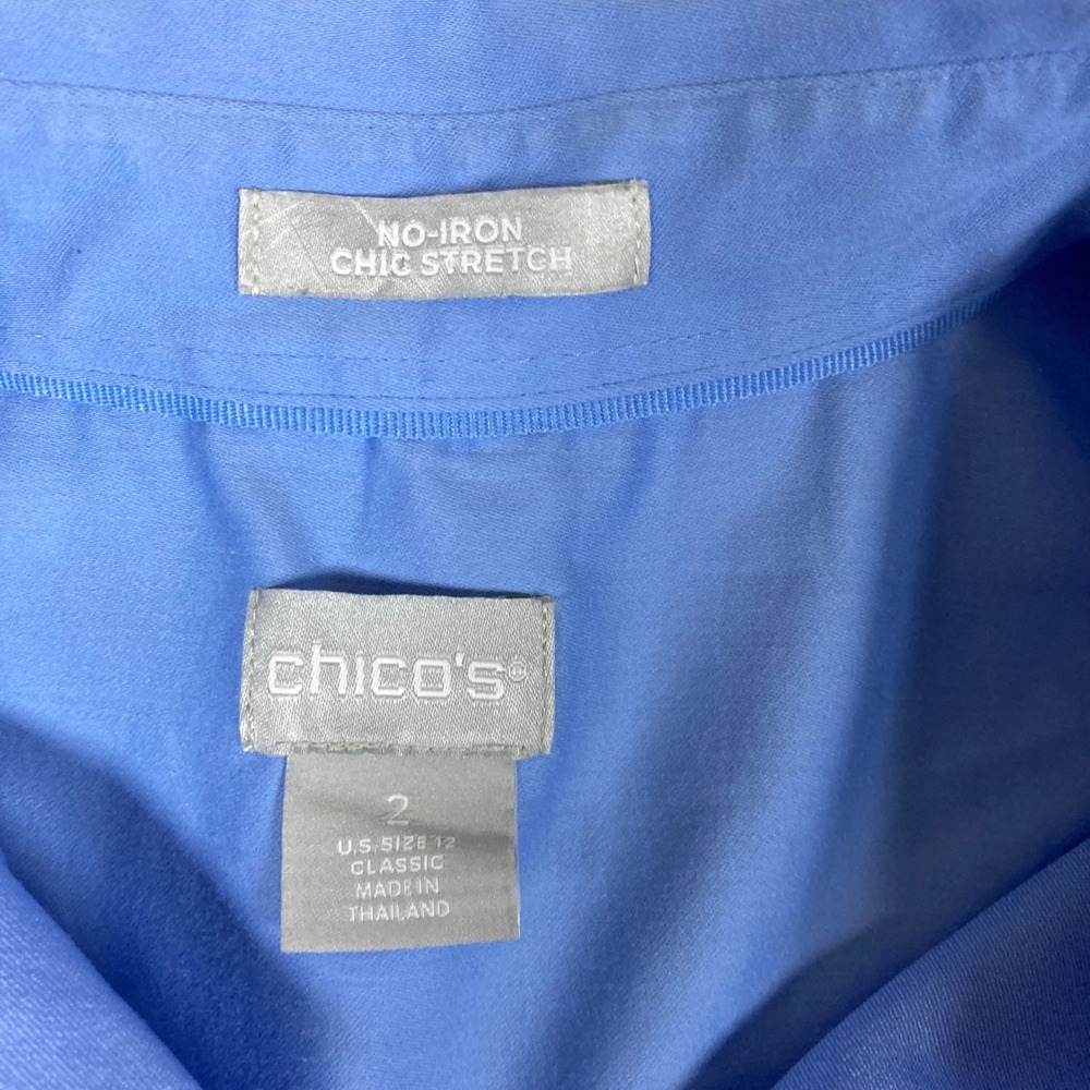 Chicos No Iron Chic Stretch Blue Button Down Shirt Blouse Womens Size 2 Large 12 - Picture 2 of 7